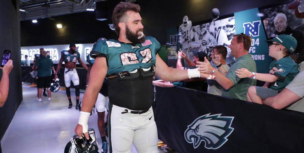 Jason Kelce greets fans during the Philadelphia Eagles open practice at Lincoln Financial Field