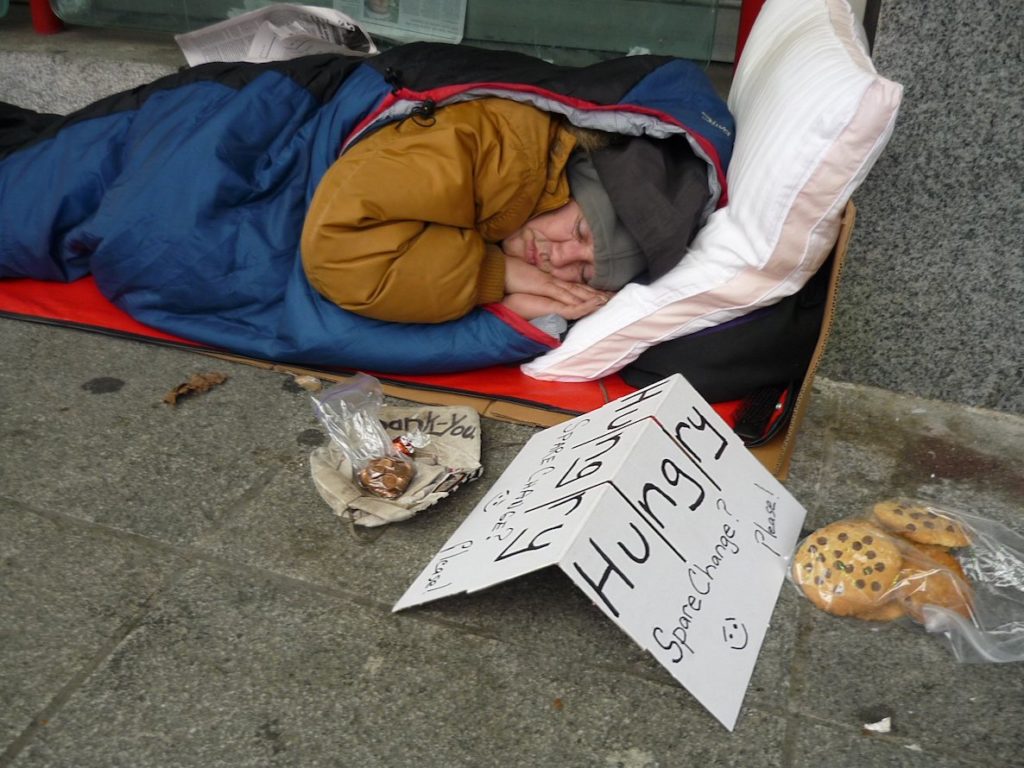 A homeless person sleeps on the street next to a sign asking for help and a bag of cookies.