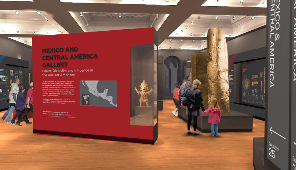 A rendering of the new Mexico and Central American Gallery at the Penn Museum shows people walking around looking at ancient artifacts.