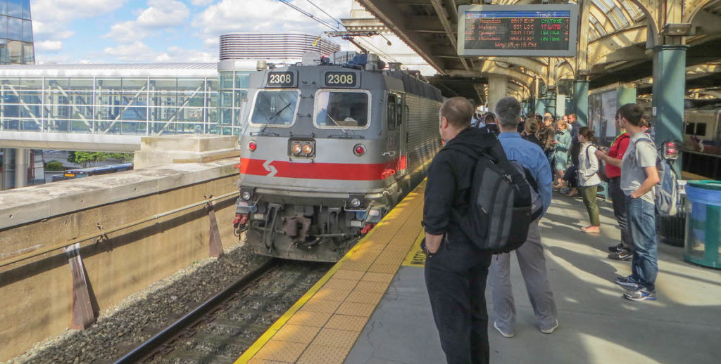 A SEPTA train rolls into 30th Street Station to pick up some passengers.