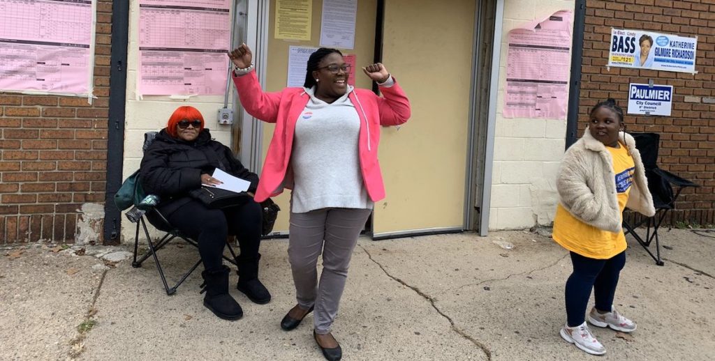 Kendra Brooks celebrates voting on election day in Philadelphia