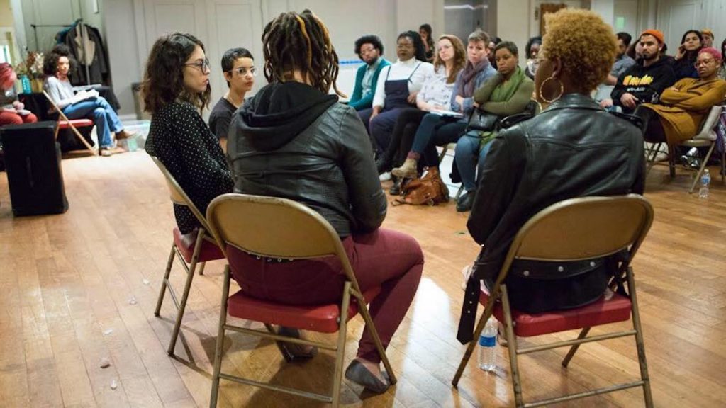 People share ideas in a workshop hosted by the Black and Brown Workers Co-Op in Philadelphia