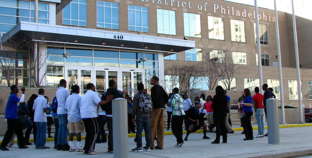 Students gather outside the School District of Philadelphia building