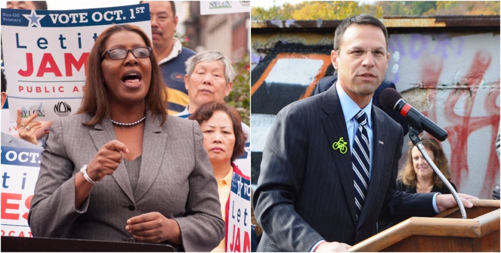 Attorneys General of PA and NY Josh Shapiro and Letitia James stand at podiums addressing crowds.