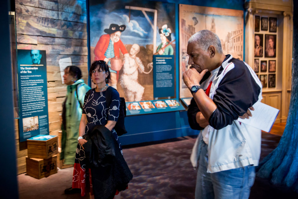 Guests browse historic exhibits at the Museum of the American Revolution in Philadelphia's Old City.