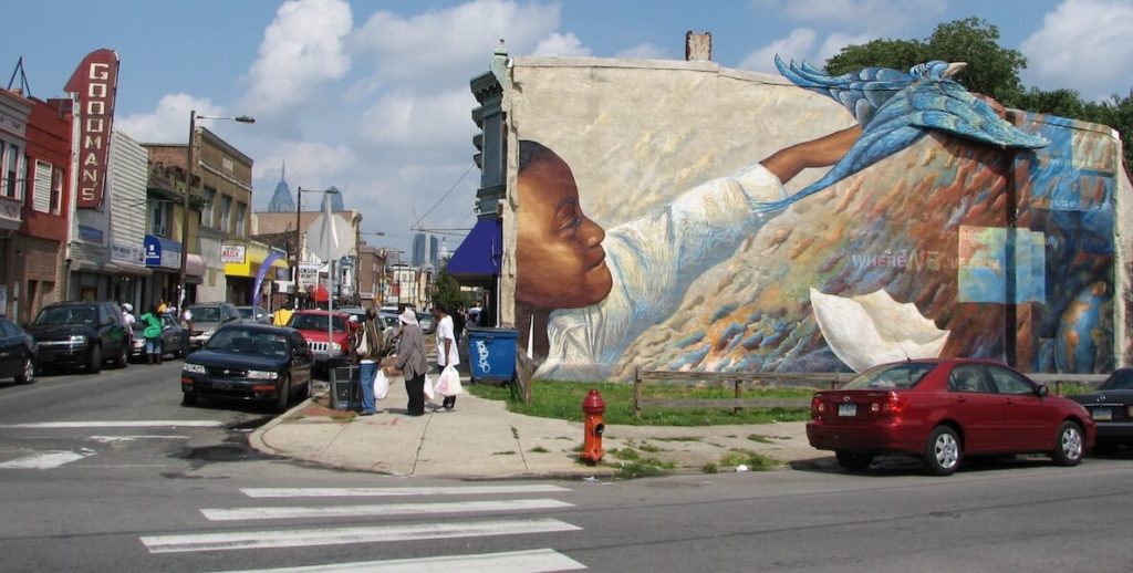 A mural in North Philadelphia, looking north on South 22nd Street.