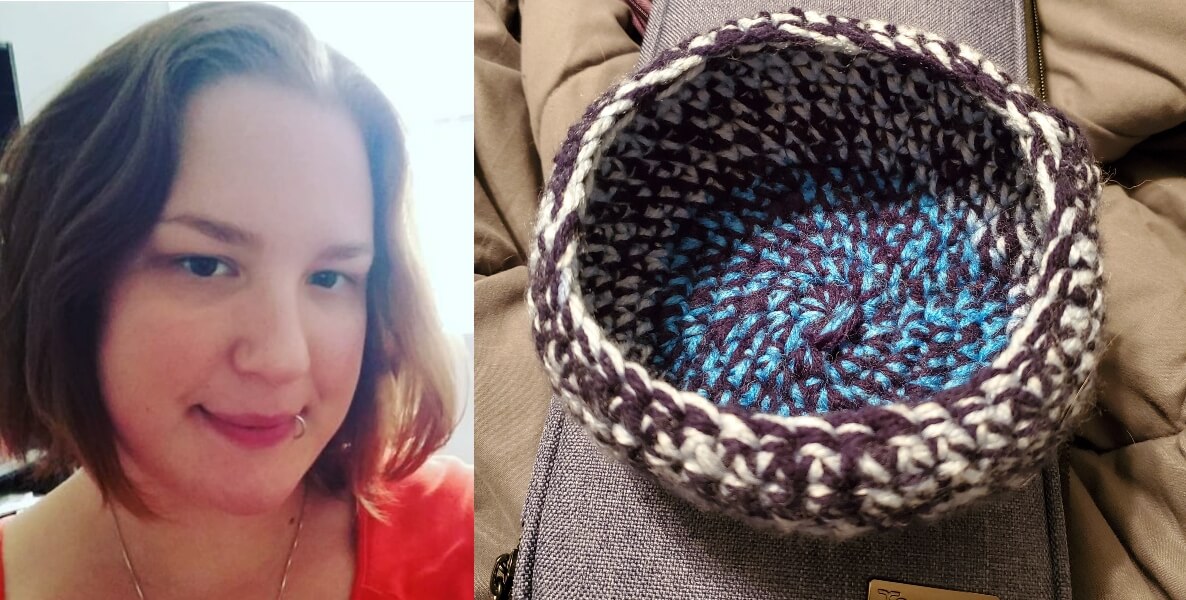 The side-by-side photo shows Lauren Hegle and one of the birds nests she knitted to help wildlife in the Australian bushfires.