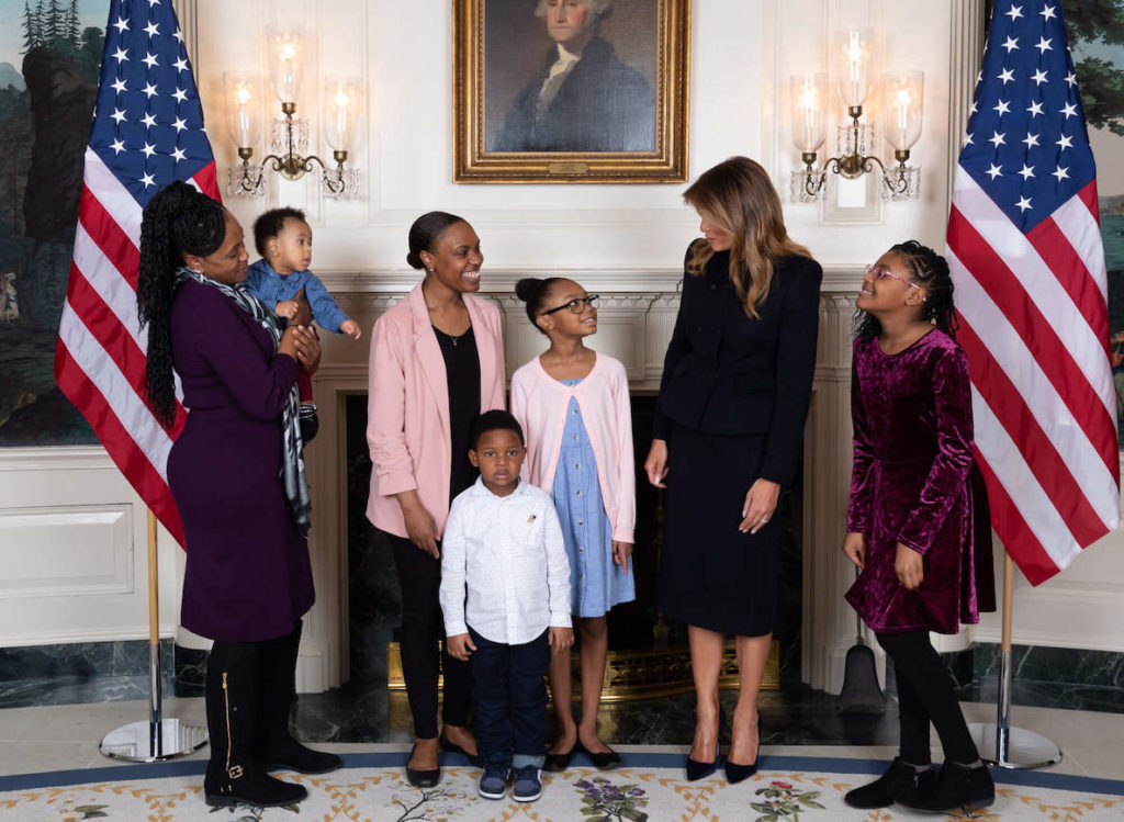 Melania Trump poses with the family of Philadelphia fourth grader Janiyah Davis. 
