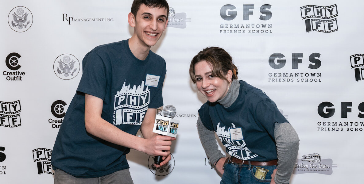 Former Philadelphia Youth Film Festival organizers Noah Weinstein and Raia Stern hold down interviews on the red carpet.