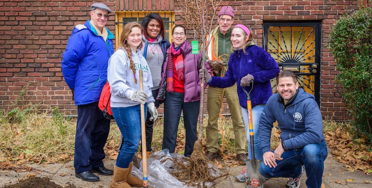 Volunteers plant a tree in a vacant lot with Pennsylvania Horticultural Society