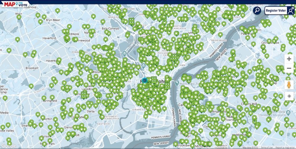 A screenshot from the app Map the Vote, which maps all the unregistered voters in a given city. Here, it shows Philadelphia's 40,000 unregistered voters.