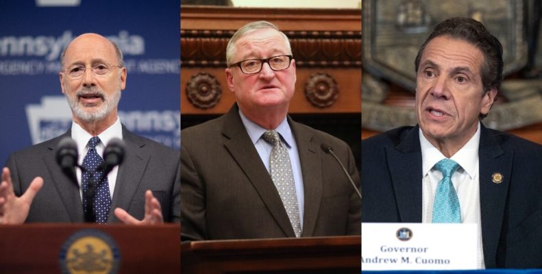 From left to right, Pennsylvania Governor Tom Wolf, Philadelphia Mayor Jim Kenney and New York Governor Andrew Cuomo at press conferences about the coronavirus