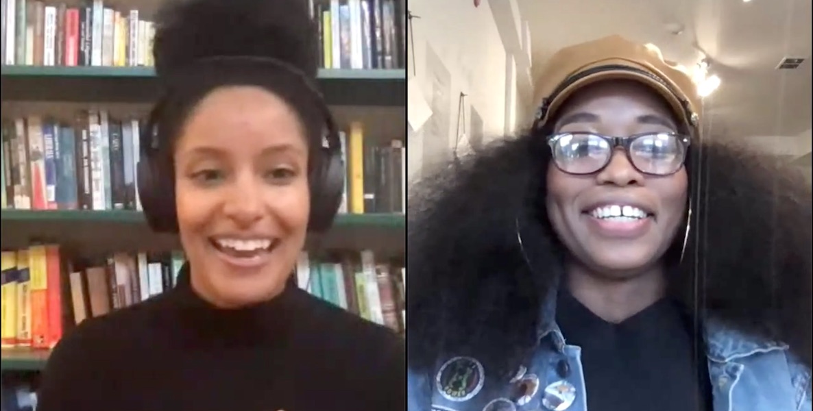 Kiley Reid and Jeannine Cook in a split screen during a virtual book club gathering to discuss Reid's debut novel, Such a Fun Age.