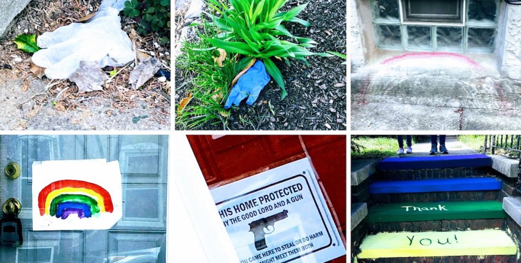 Relics on the streets of Philadelphia during the coronavirus crisis, including rubber gloves, a lone mask on the ground and a picture of a rainbow on someone's house.
