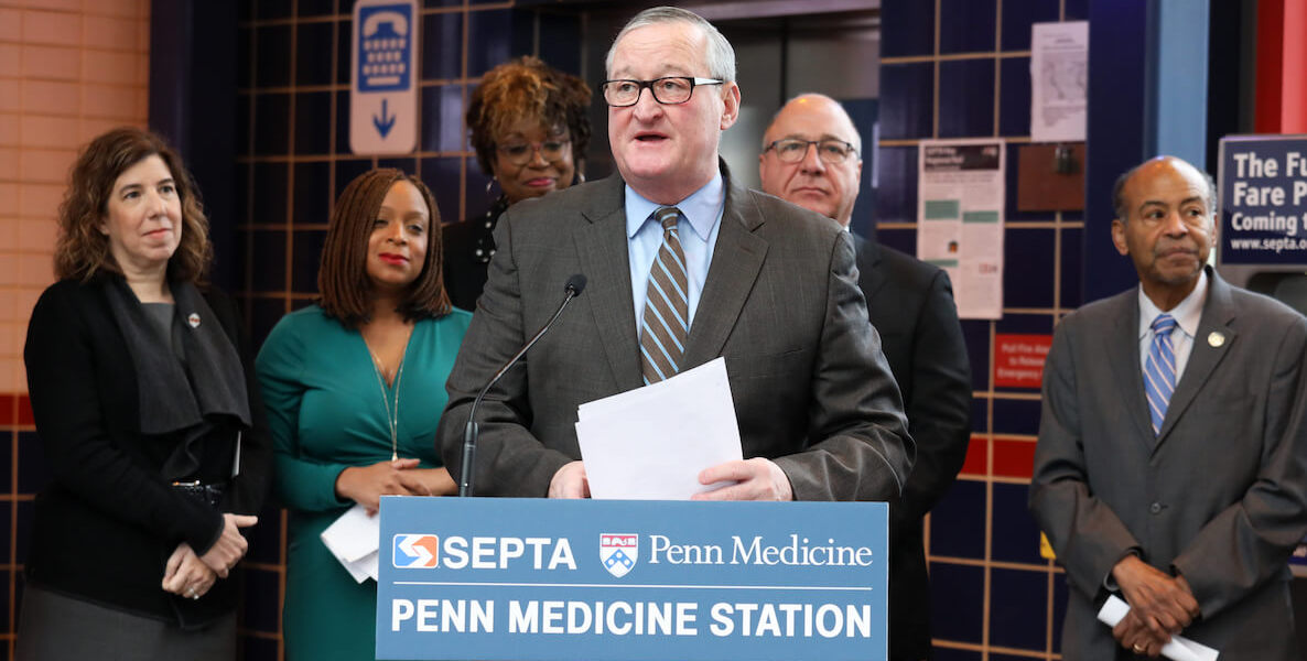 Philadelphia Mayor Jim Kenney stands at a podium during an event during the coronavirus pandemic.
