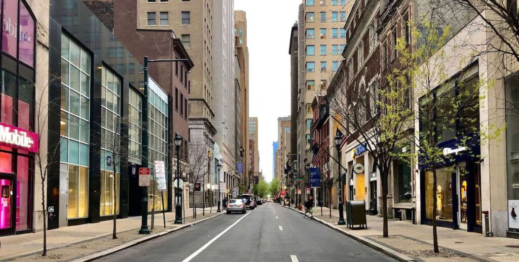 Walnut Street in Philadelphia, one of the business districts in the city that will be the focus of reopening and recovery efforts after the coronavirus
