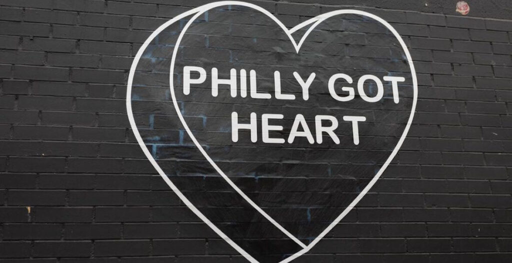 A heart reading "Philly got heart" made by Philly street artist Amberella.