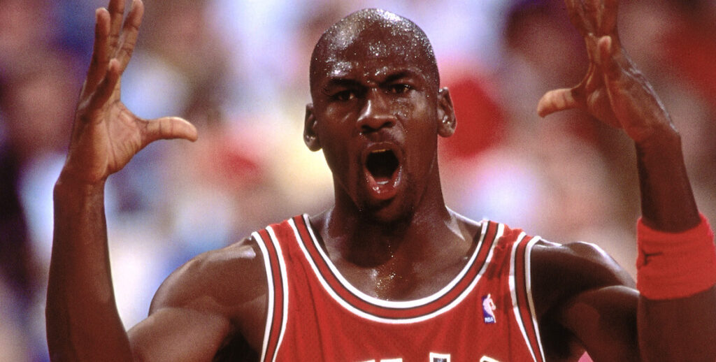 Michael Jordan #23 of the Chicago Bulls shows emotion against the Portland Trailblazers during a game played at the Veterans Memorial Coliseum in Portland, Oregon circa 1991