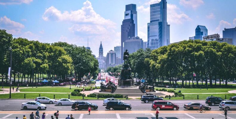 A view of the Philadelphia city skyline, including City Hall and the two Comcast towers from the steps of the Philadelphia Museum of Art.