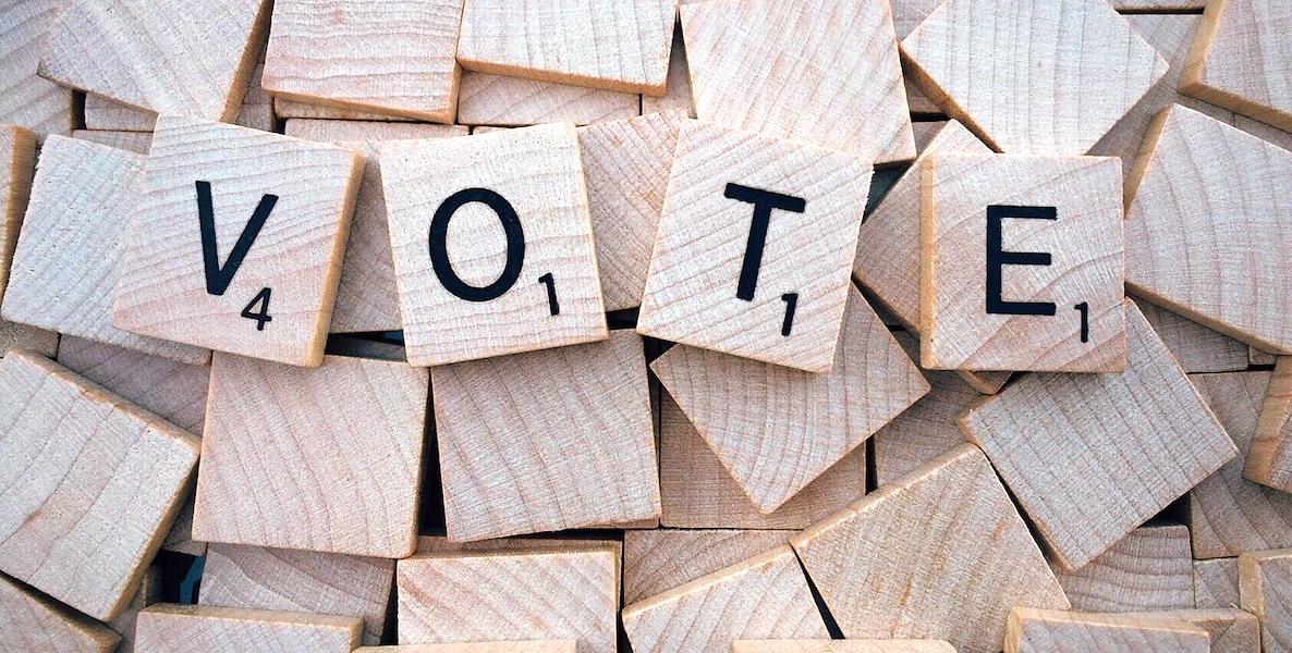 Scrabble pieces spell out the word vote—a good reminder to cast a ballot in the 2020 primary election in Pennsylvania