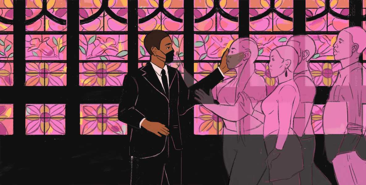 In this illustration, a black pastor wearing a coronavirus mask meets with the ghosts of Black people who have died with Covid-19, sending them on their homegoing. A vibrant pink set of stain glass windows is in the background.