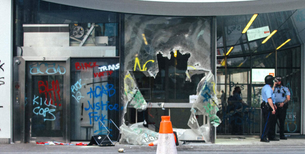 A store window in Philadelphia is smashed in following looting that happened in Philadelphia in response to the killing of George Floyd in Minneapolis.