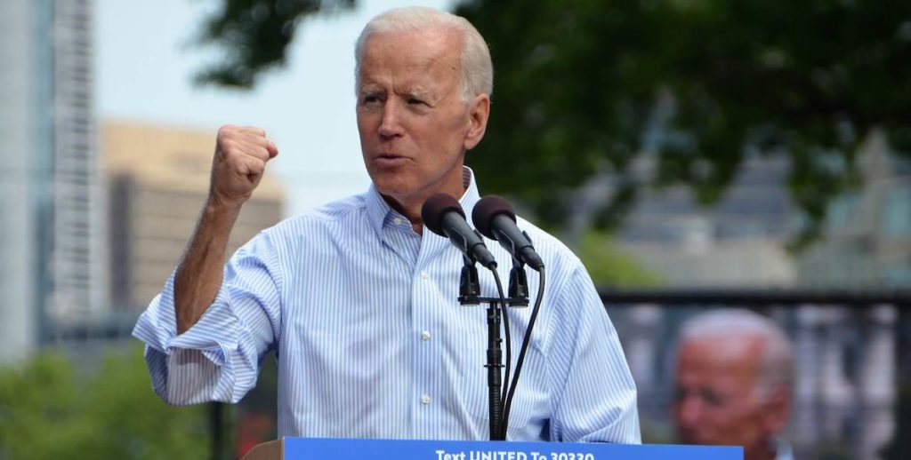 Joe Biden raises his fist at a campaign event in Philadelphia.