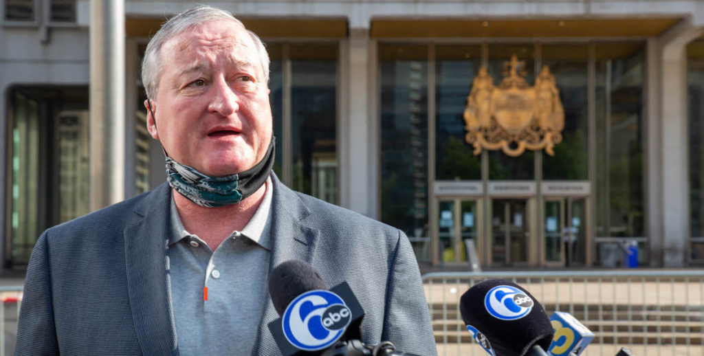 Philadelphia Mayor Jim Kenney speaks at a press conference in front of the Municipal Building following the removal of the Frank Rizzo statue.