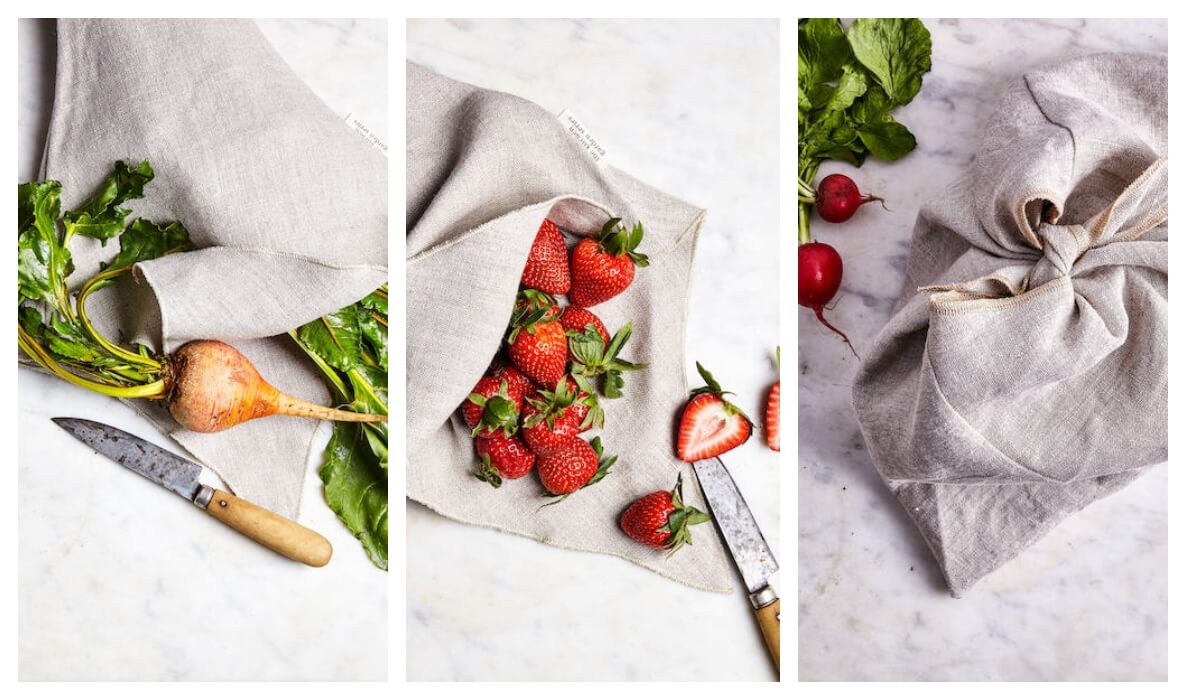 A photo collage shows linens from The Kitchen Garden Series with fruits and vegetables. 