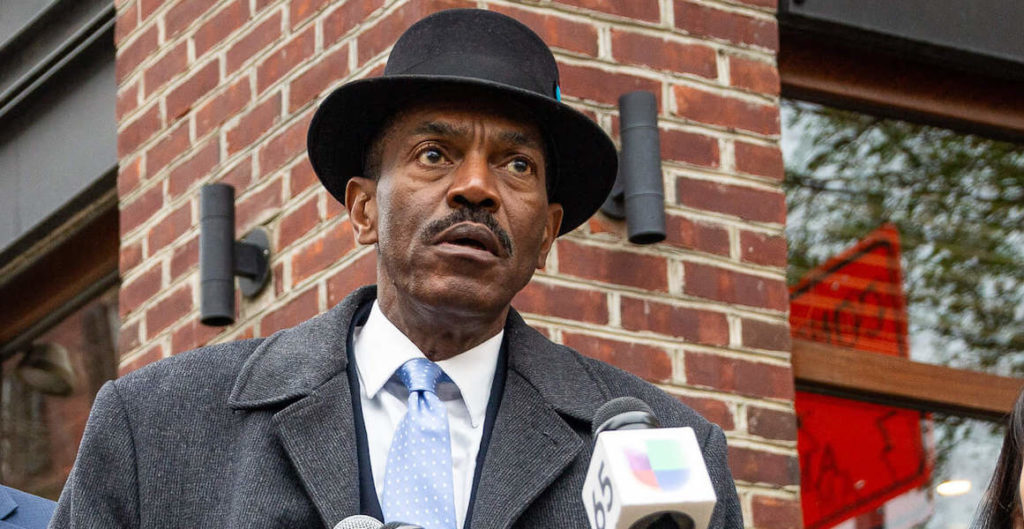 Rodney Muhammad at a press conference after the arrest of two Black men at a Philadelphia Starbucks