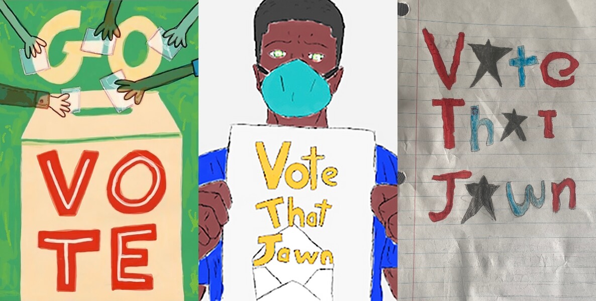A collage of three art projects drawn by kids in Fresh Artists and #VoteThatJawn's get-out-the-vote art project