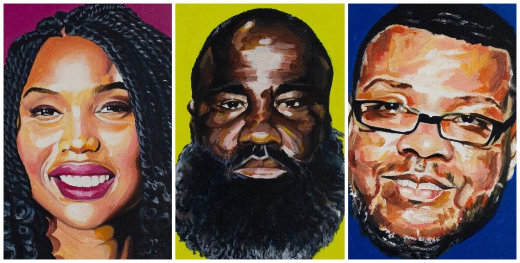 Three of the 10 portraits that make up Philadelphia artist James “Yaya” Hough's "Points of Connection" art exhibition. 