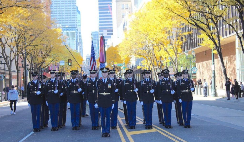 Military service members line up in the Philadelphia Veterans Day Parade