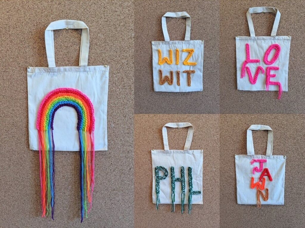 Tote bags designed by Philadelphia artist Nicole Nikolich