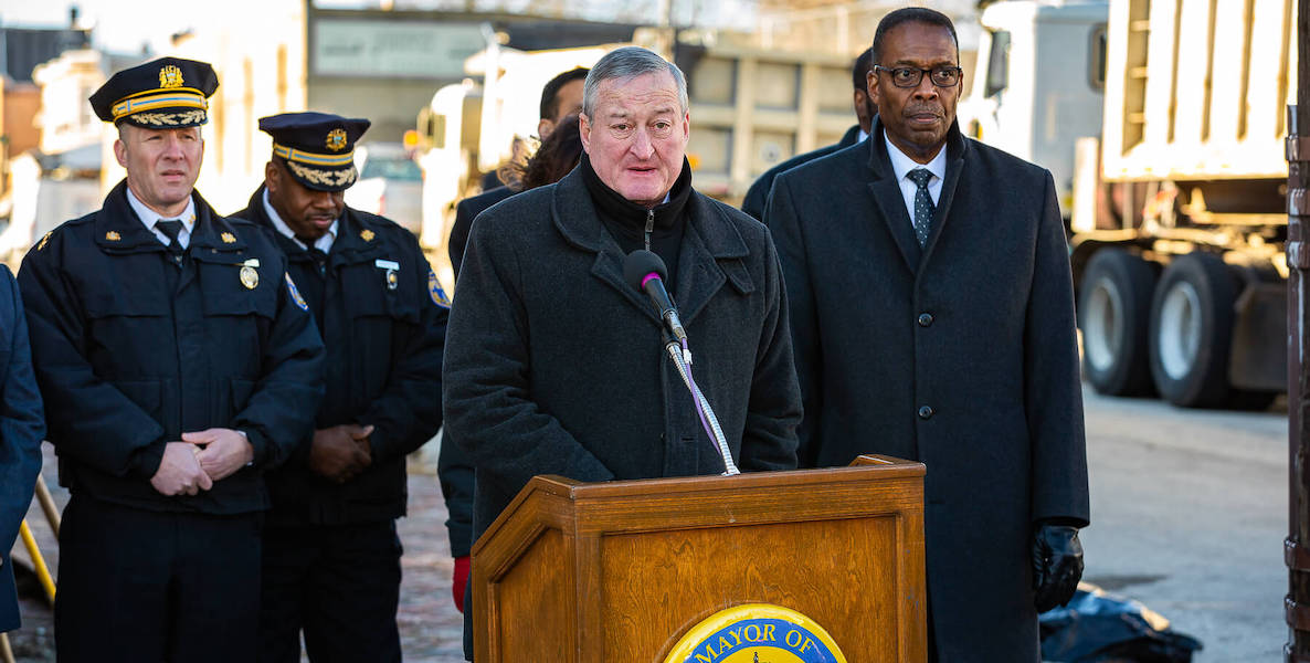 Philadelphia Mayor Jim Kenney at a press conference on a cold winter's day