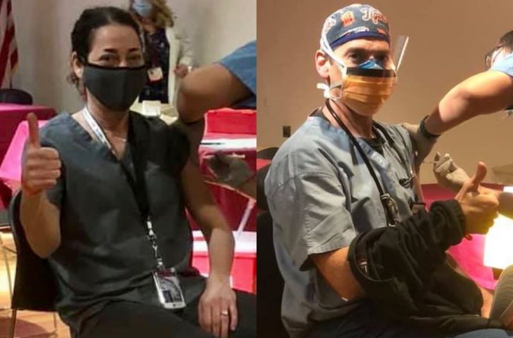 A side-by-side collage shows Philadelphia ER physicians Mari and Ed Siegel getting a Covid-19 vaccine