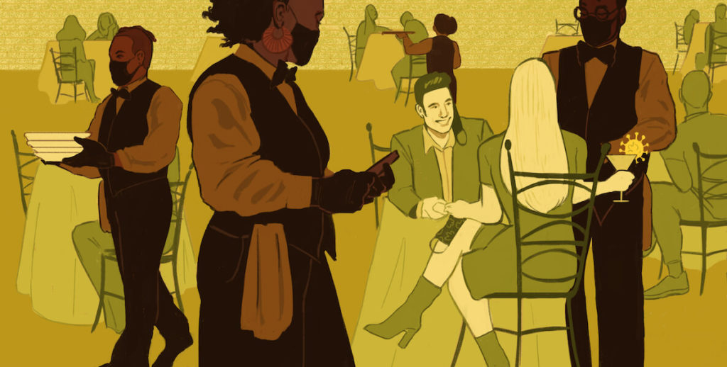 An illustration shows black waiters serving white patrons in a restaurant