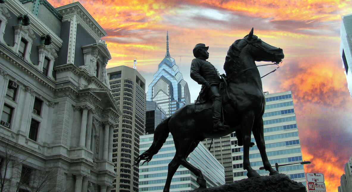 Bronze statue of man on horse, General George McClellan, at Philadelphia City Hall plaza