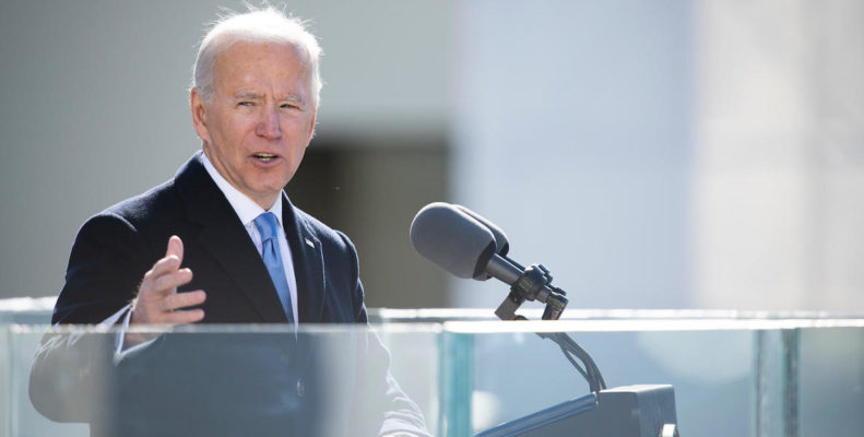 Joe Biden delivers a speech on Inauguration Day in 2021