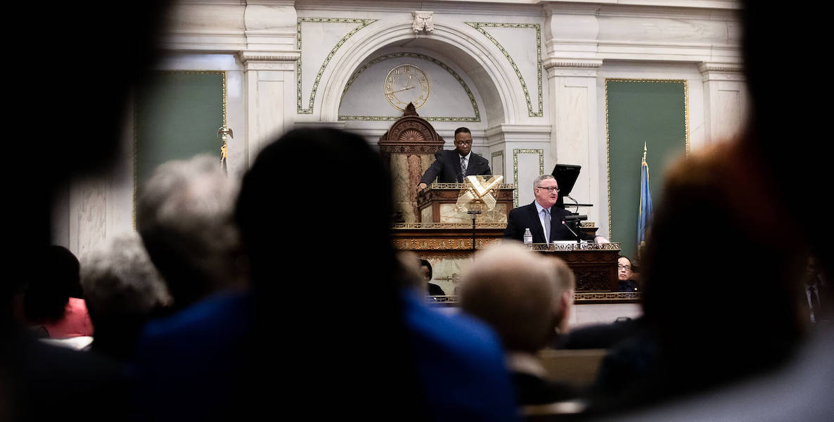 Citizens look on during a City Council meeting presided over by Darrell Clarke and Jim Kenney