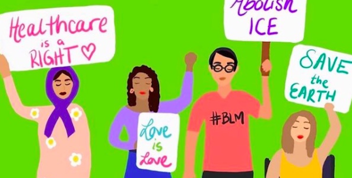 Cartoon illustration shows four people holding protest signs, like "abolish ICE" and "health care is a right."
