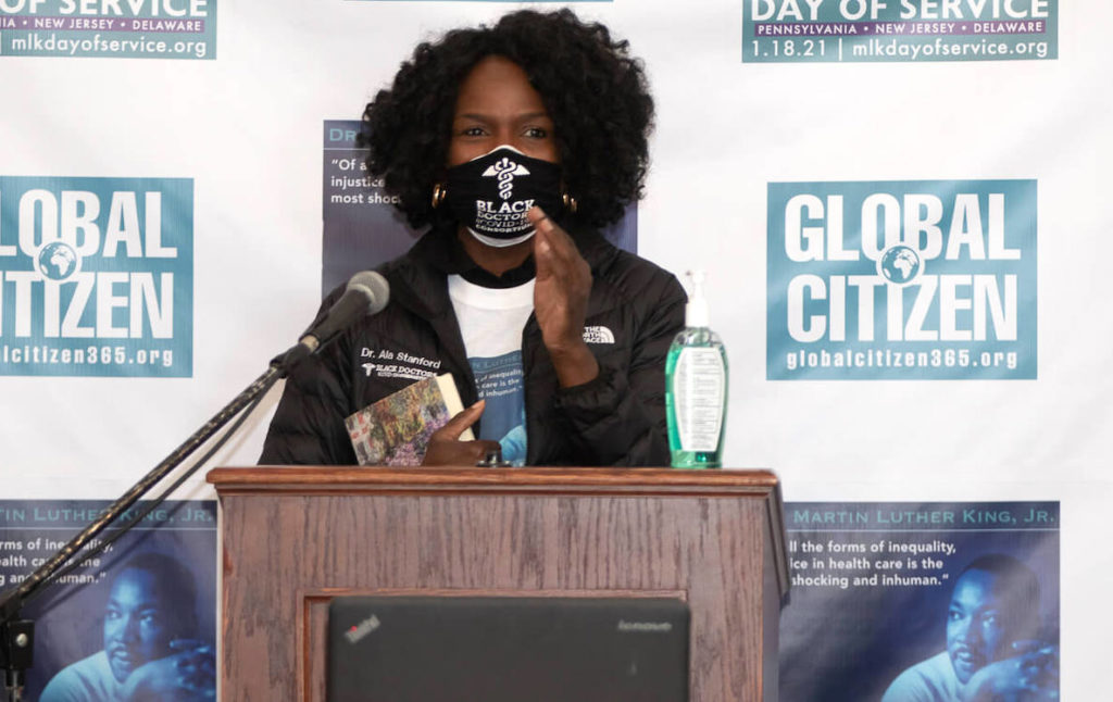 Dr. Ala Stanford speaks at a Global Citizen press conference