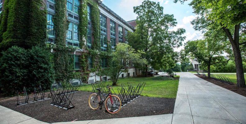 College campus with bike rack