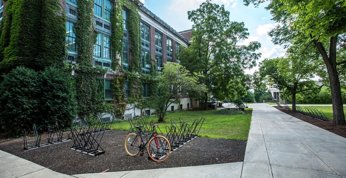 College campus with bike rack