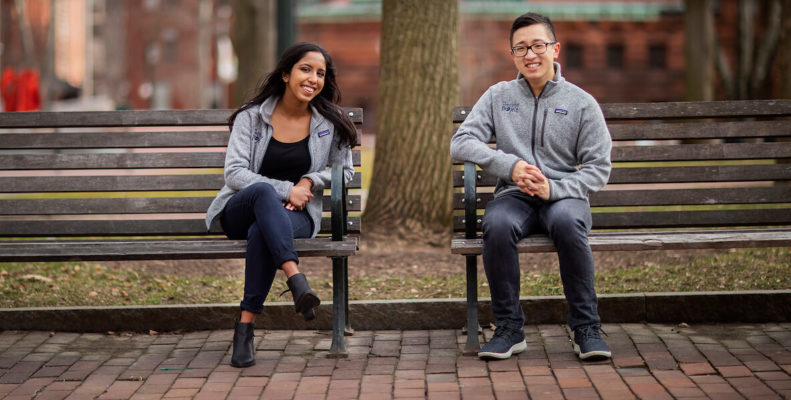 Meera Menon (L) and Philip Chen of the Unscripted Project on a bench