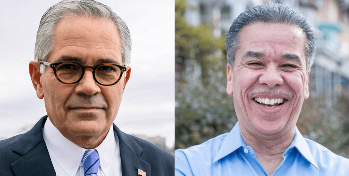 Headshots of DA Larry Krasner and candidate Carlos Vega