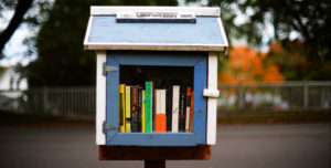 A blue little free library is front and center in this photo that accompanies an article about how to build little free libraries