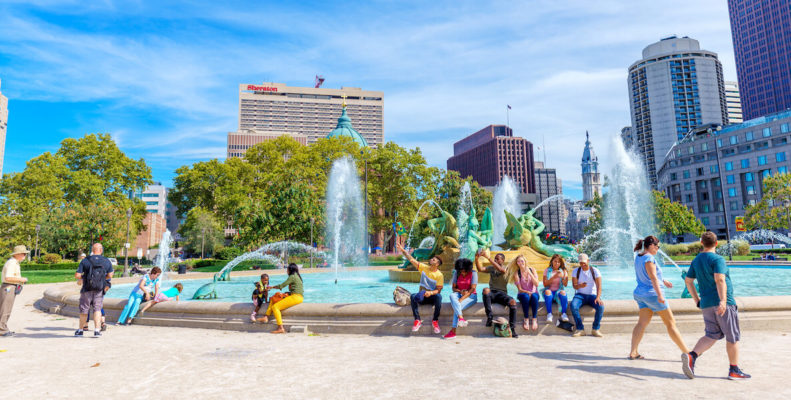 Philadelphians taking pictures at Logan Circle fountain