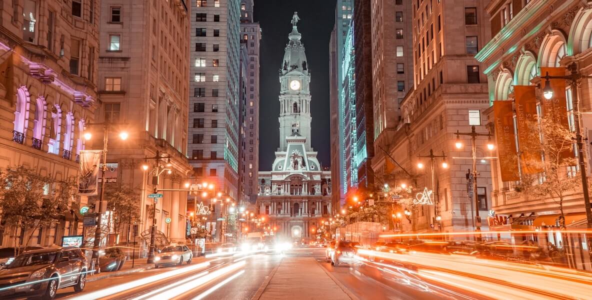 Bright lights on Broad Street facing City Hall Philadelphia