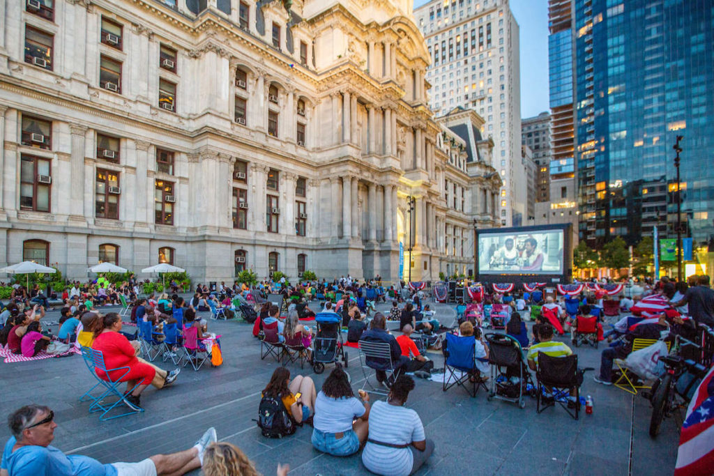 Philadelphians watch Star Wars during an outdoor movie night at Dilworth Park